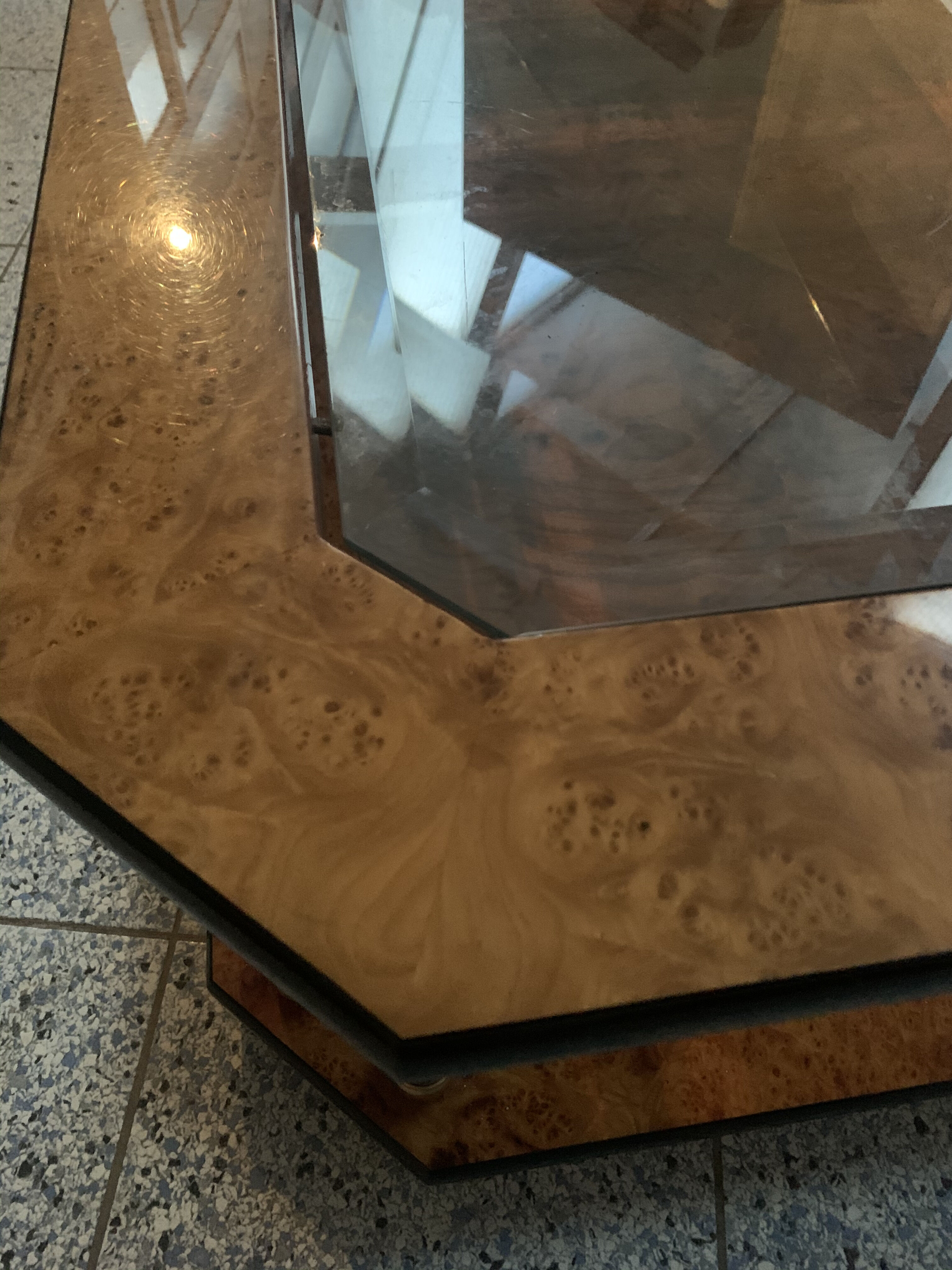 Vintage coffee table elm magnifying glass and glass