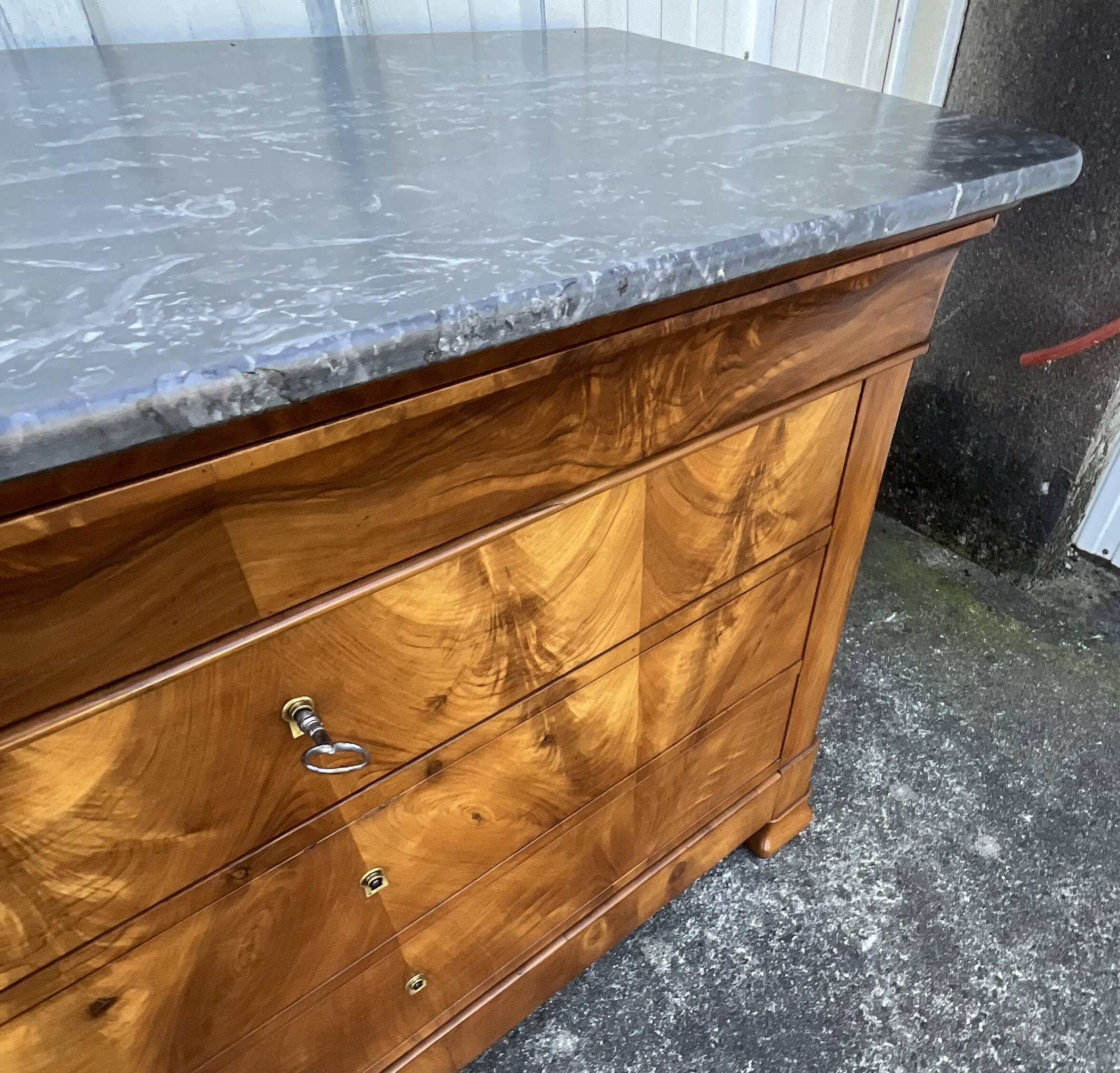 Louis-Philippe commode in burr walnut, Saint-Anne grey marble, mid-century