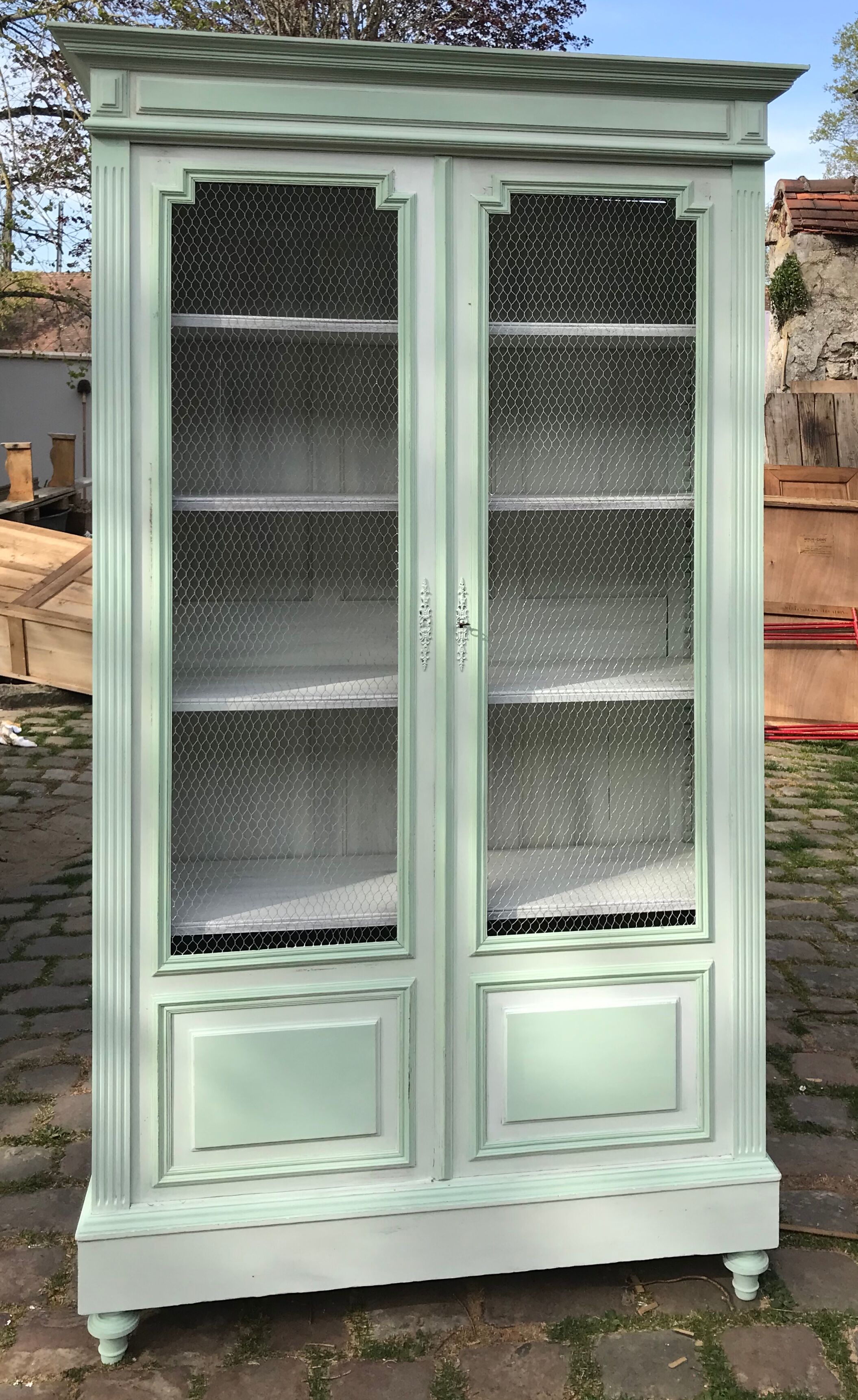 Screened and painted library Louis XVI style green celadon