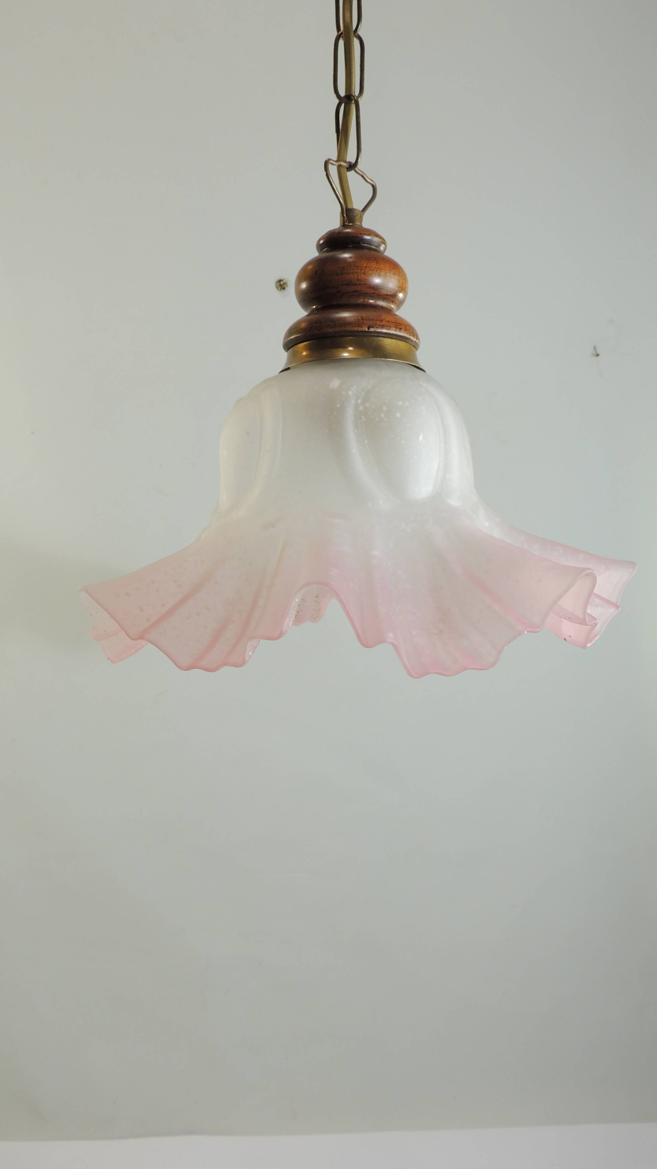 Vintage pink opaline glass pendant light – Art Deco tulip, brass and wood