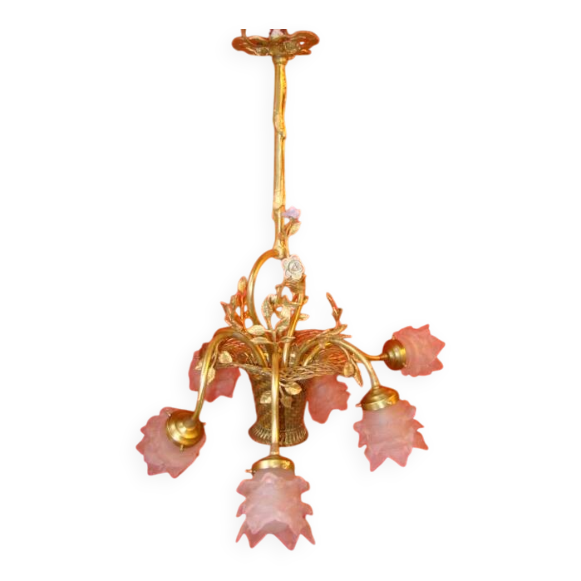 Lustre en bronze et laiton à 6 bras de lumière de style Louis XVI