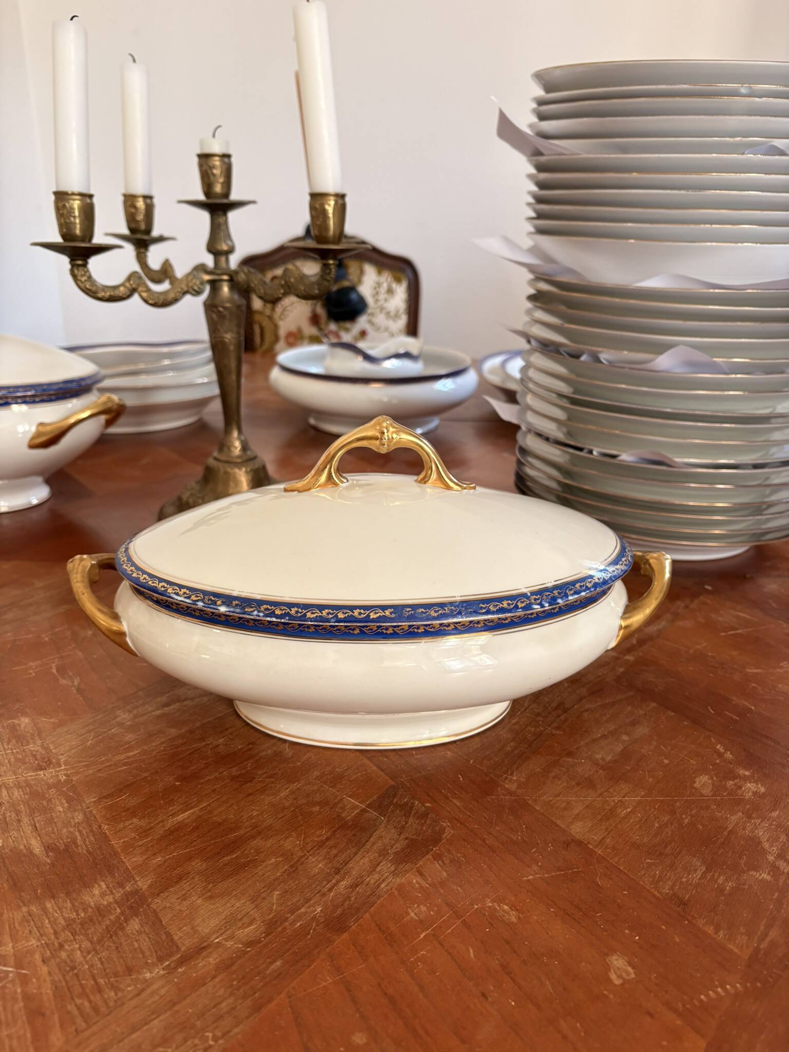 Small Soup Tureen Porcelain Limoges Blue Gold Betoule & Legrand France 1/2