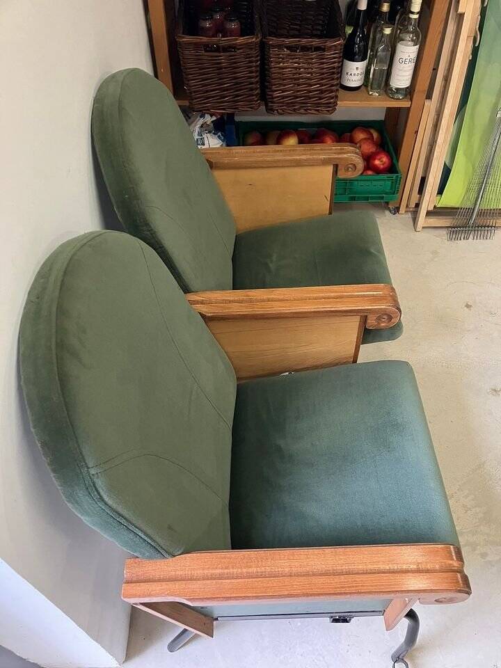 Forest green cinema double seat in oak and metal - 2 places, 1970s vintage design