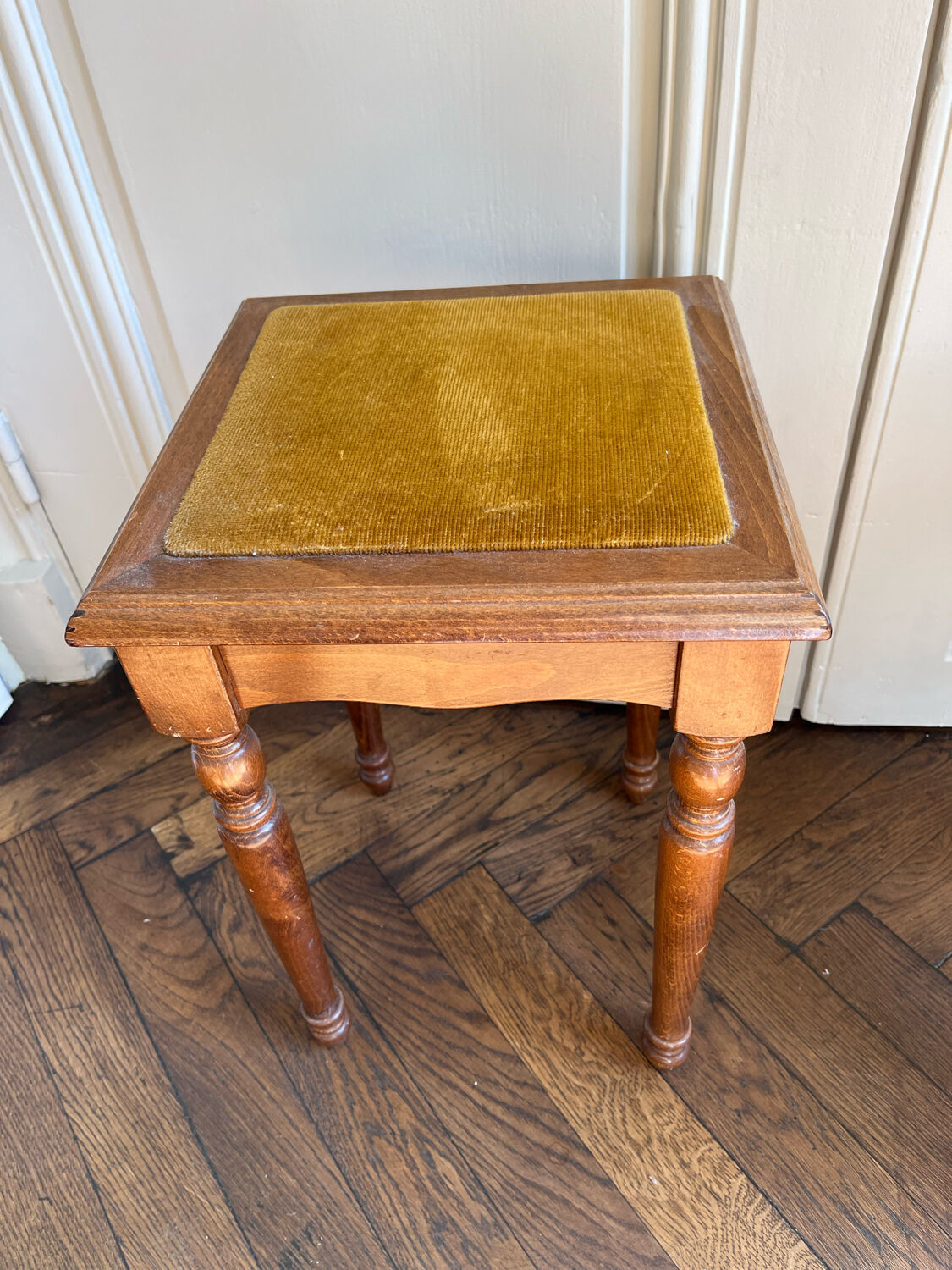Antique wooden stools, velvet seats