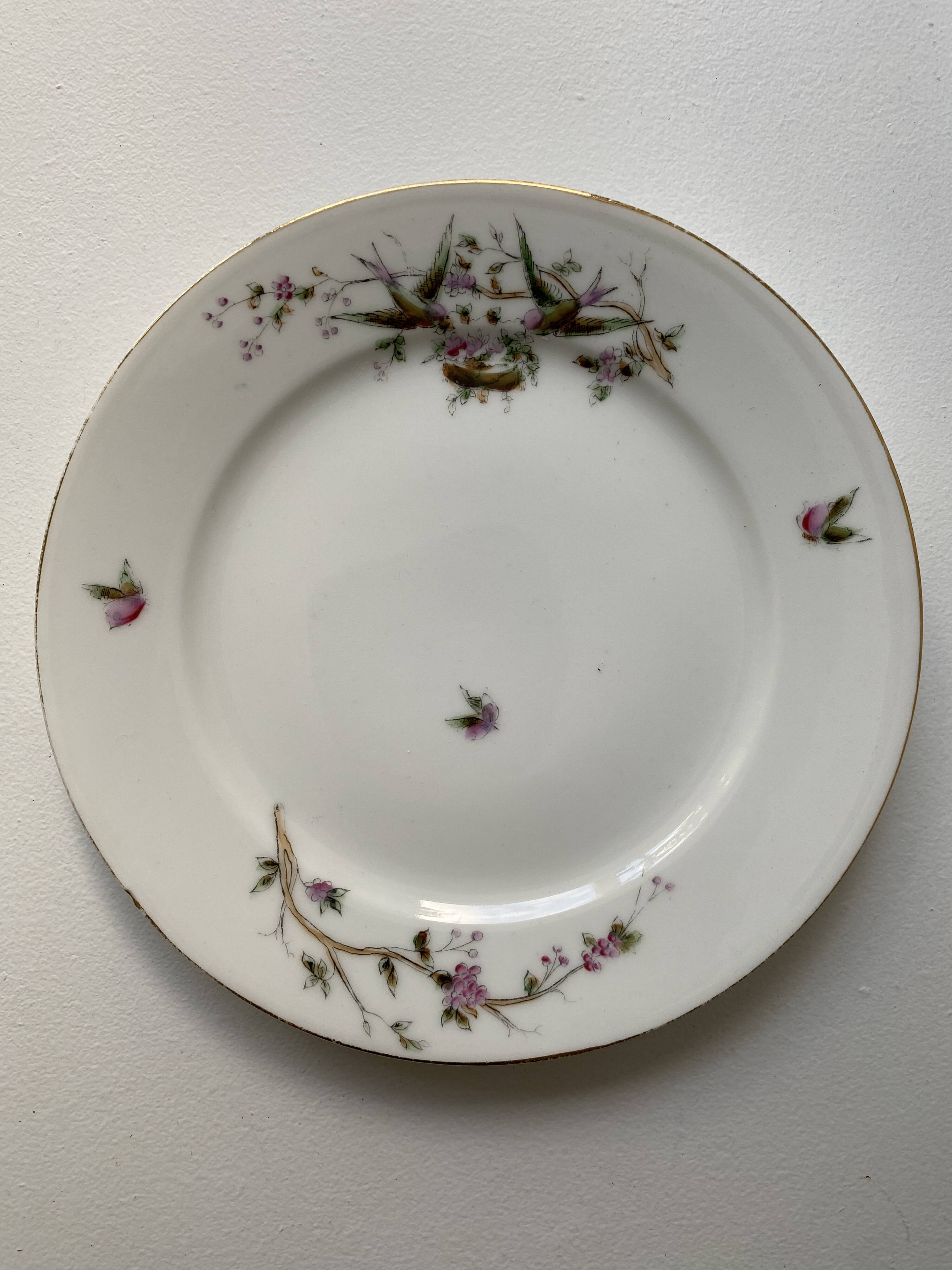 12 vintage porcelain dessert plates signed hache, julien & cie birds