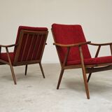 Pair of burgundy boomerang armchairs Antonin Suman Ton Bystrice (Thonet)