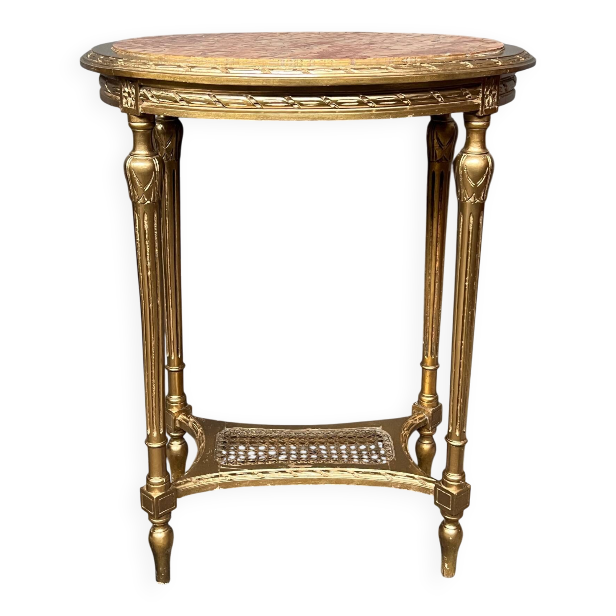 French Louis XVI style giltwood table. Marble top. Late 19th century.