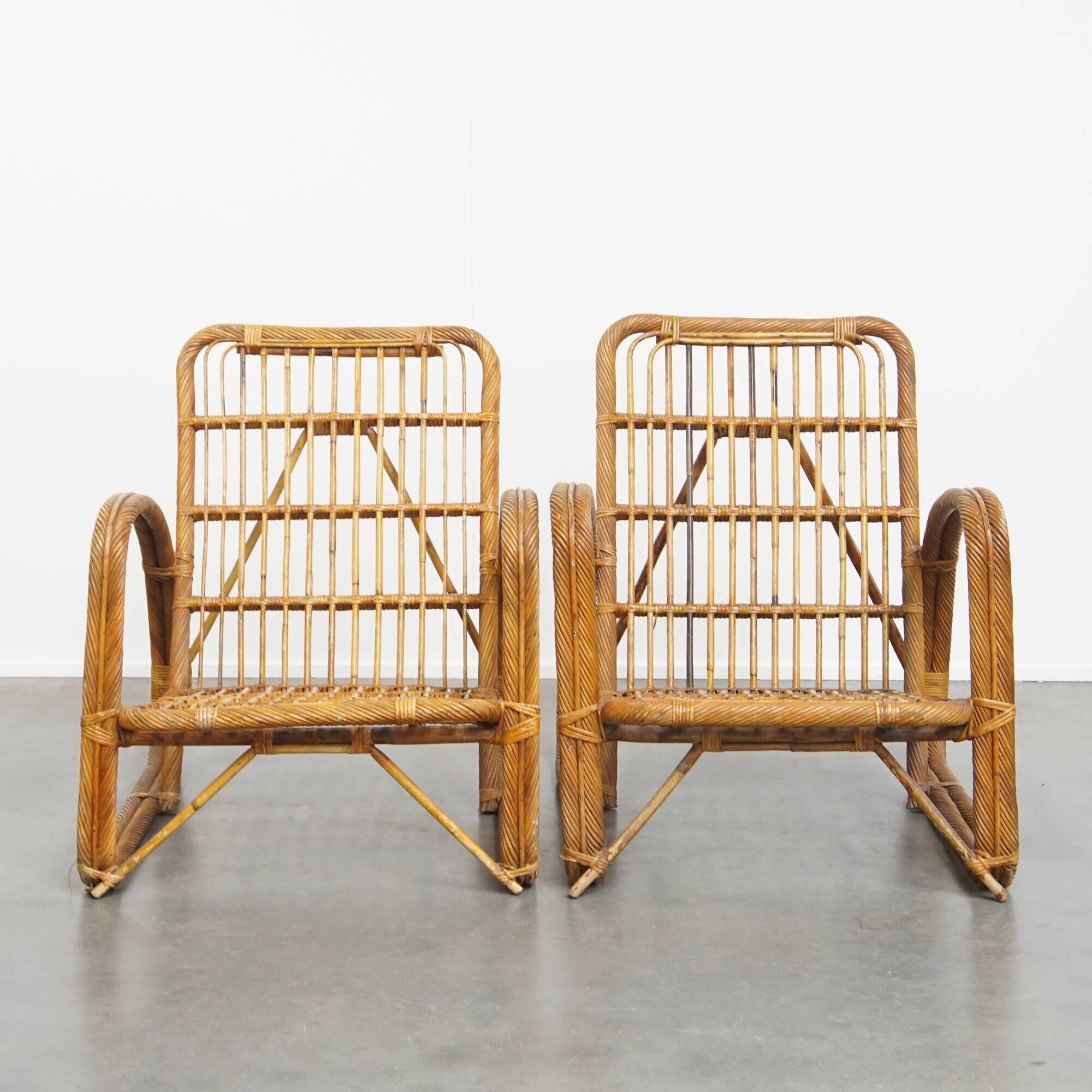 Set of 2 French Rattan Vintage Design Armchairs from the 1950s