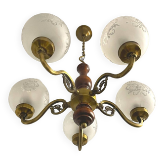 5-branched chandelier in brass and wood