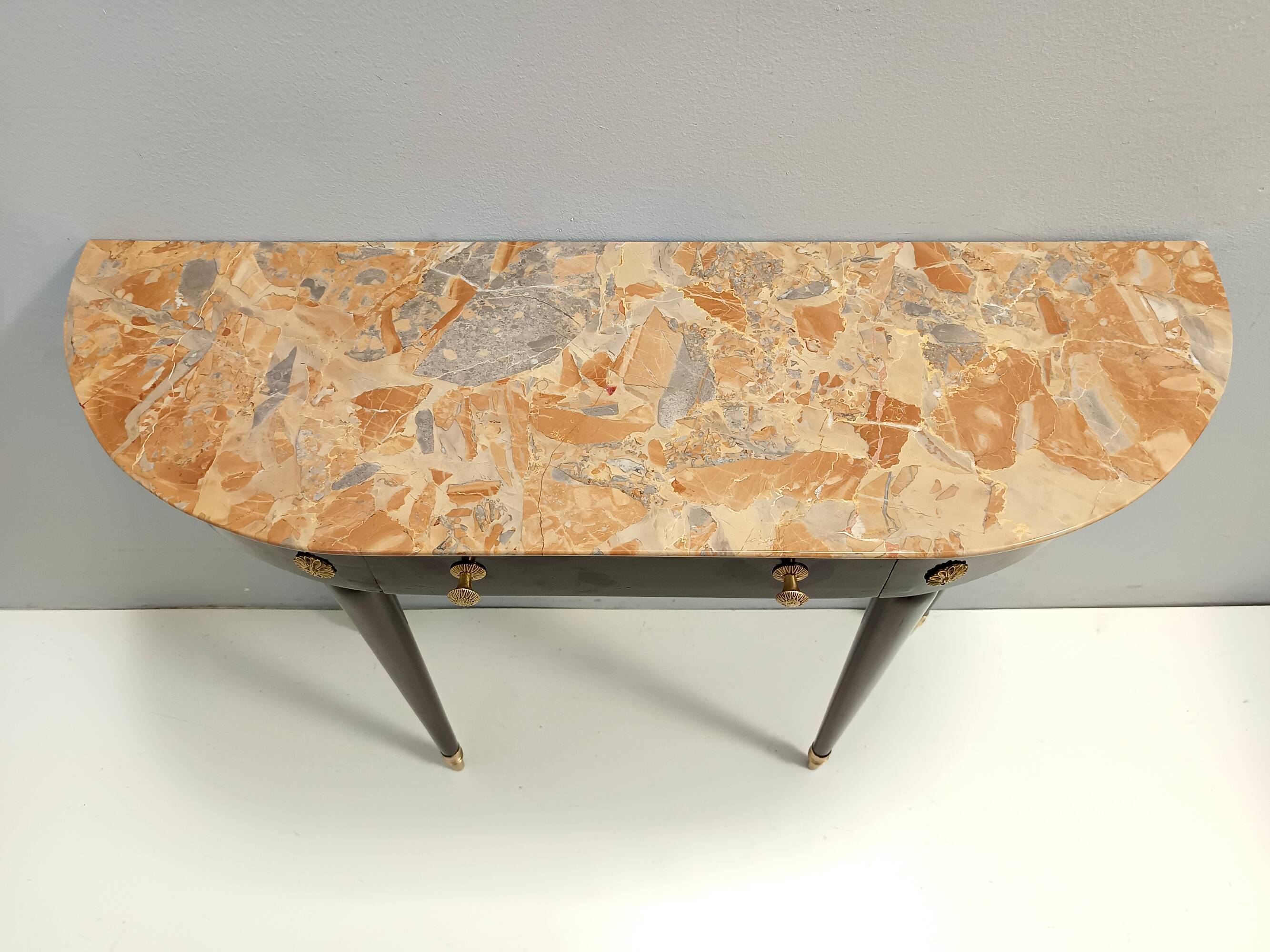 Ebonized Beech Console with a Demilune Macchiavecchia Marble Top attr. to Paolo Buffa