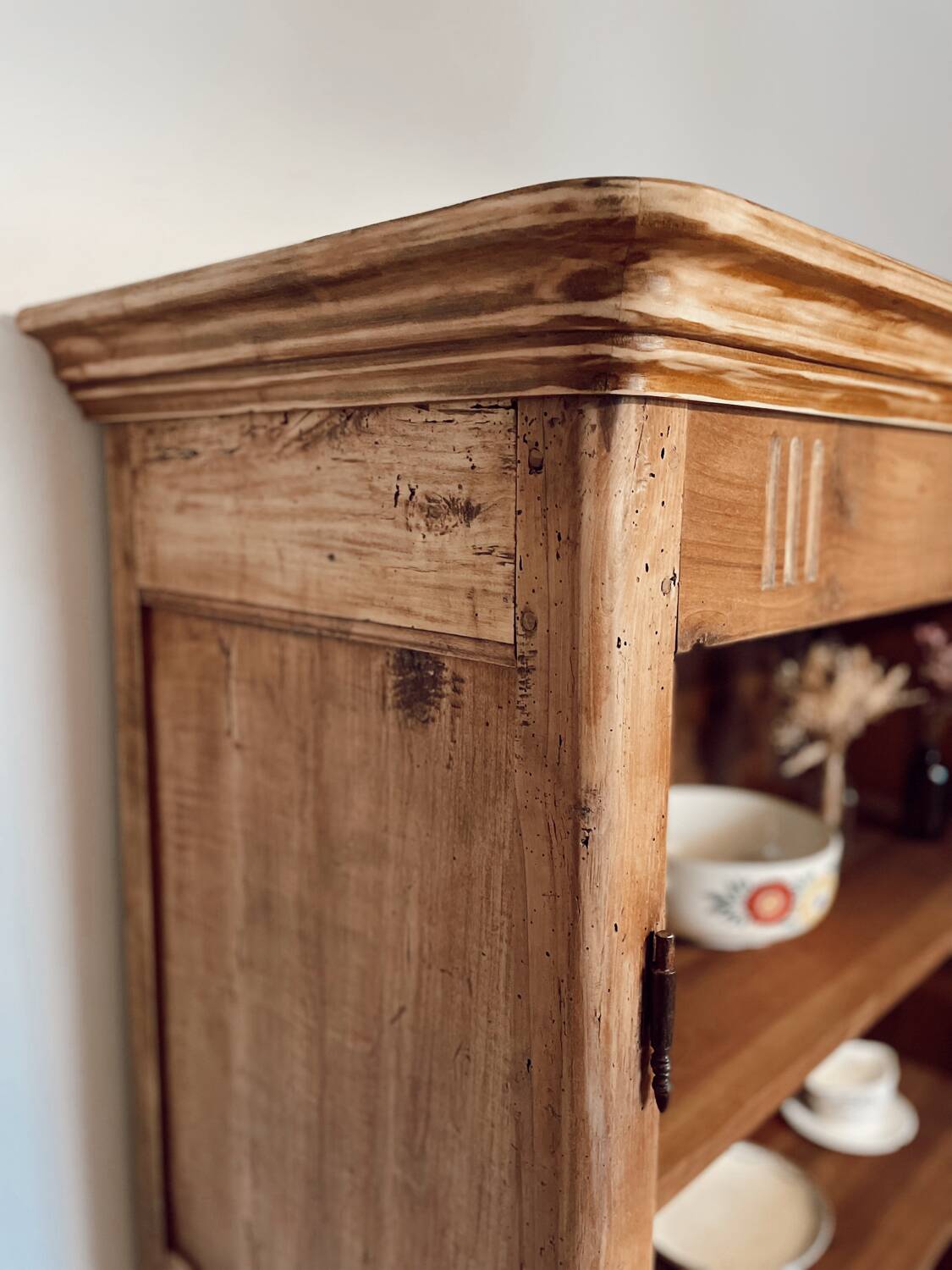 Vintage raw wood cabinet with patina