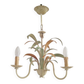 Lustre vintage 3 lumières en métal écru et feuilles vertes et pêche, France