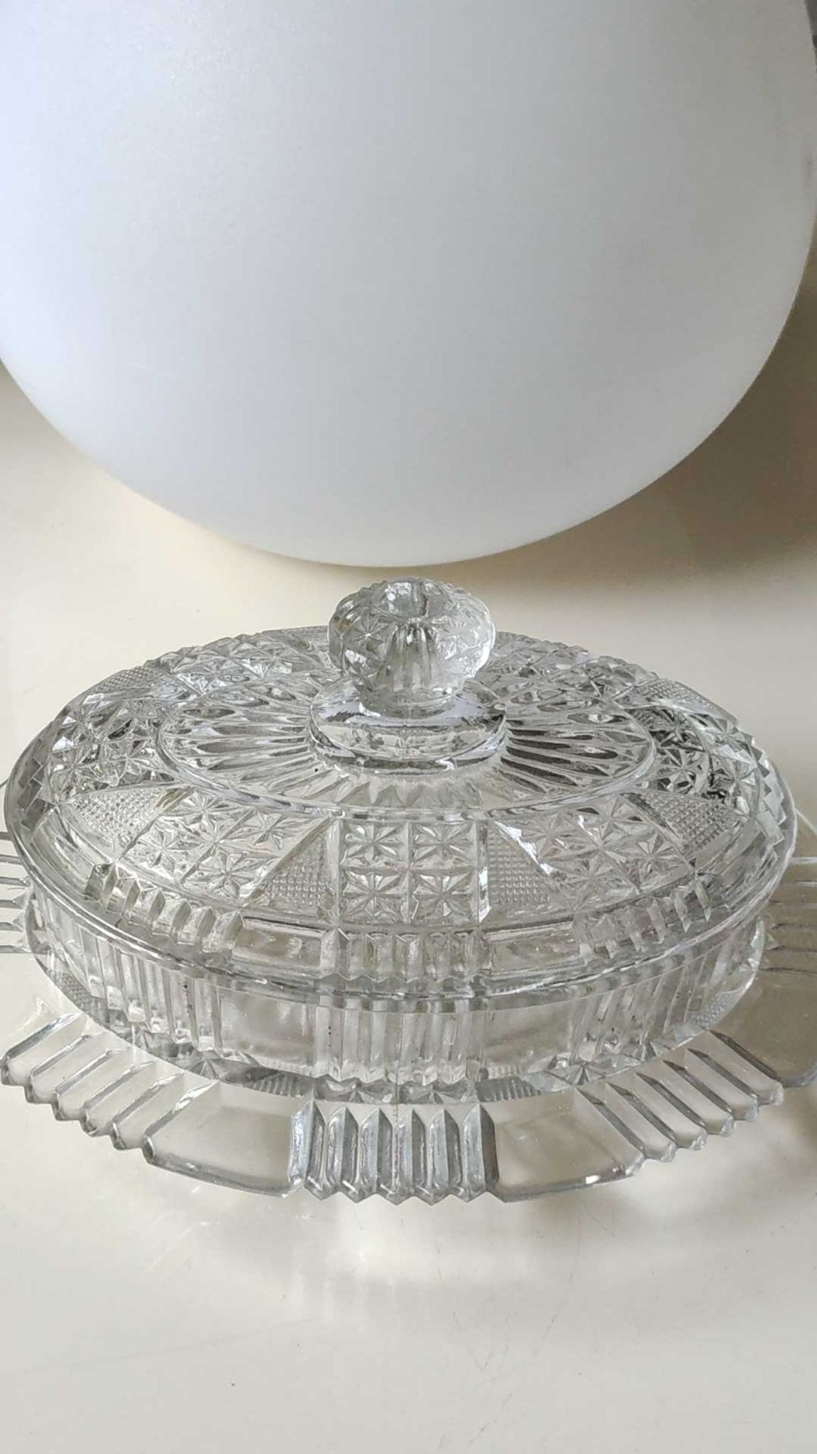 Old Art Deco butter dish, molded glass, Portieux style Star motifs, braces, diamonds
