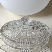 Old Art Deco butter dish, molded glass, Portieux style Star motifs, braces, diamonds