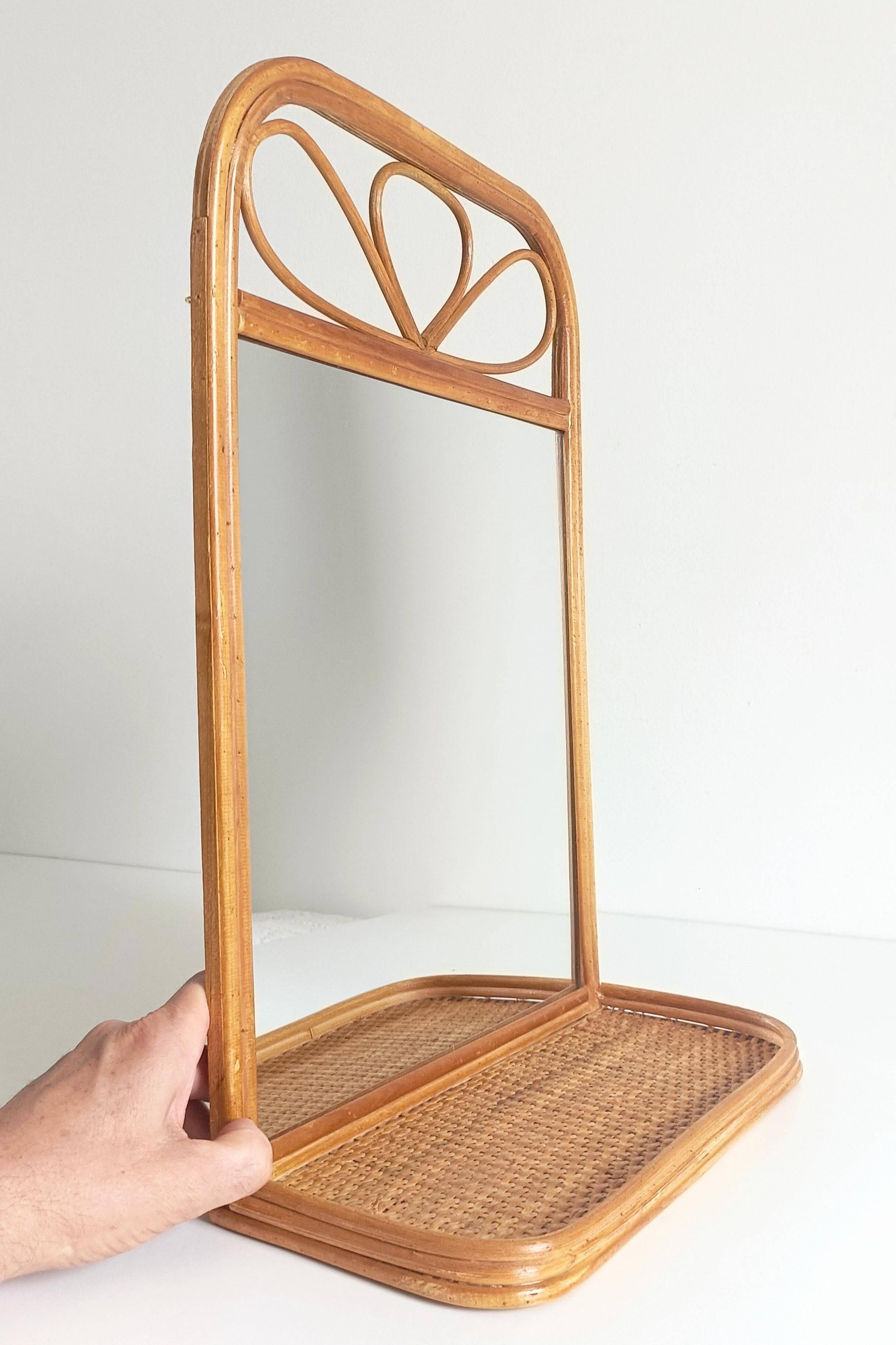 Mid Century French Riviera Rattan and Wicker Mirror With Shelf, Spain, 1960s–70s
