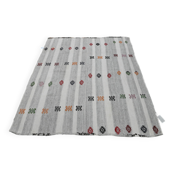 Vintage Turkish Kilim Rug 162x192 cm, Grey Stripes and Colorful Patterns