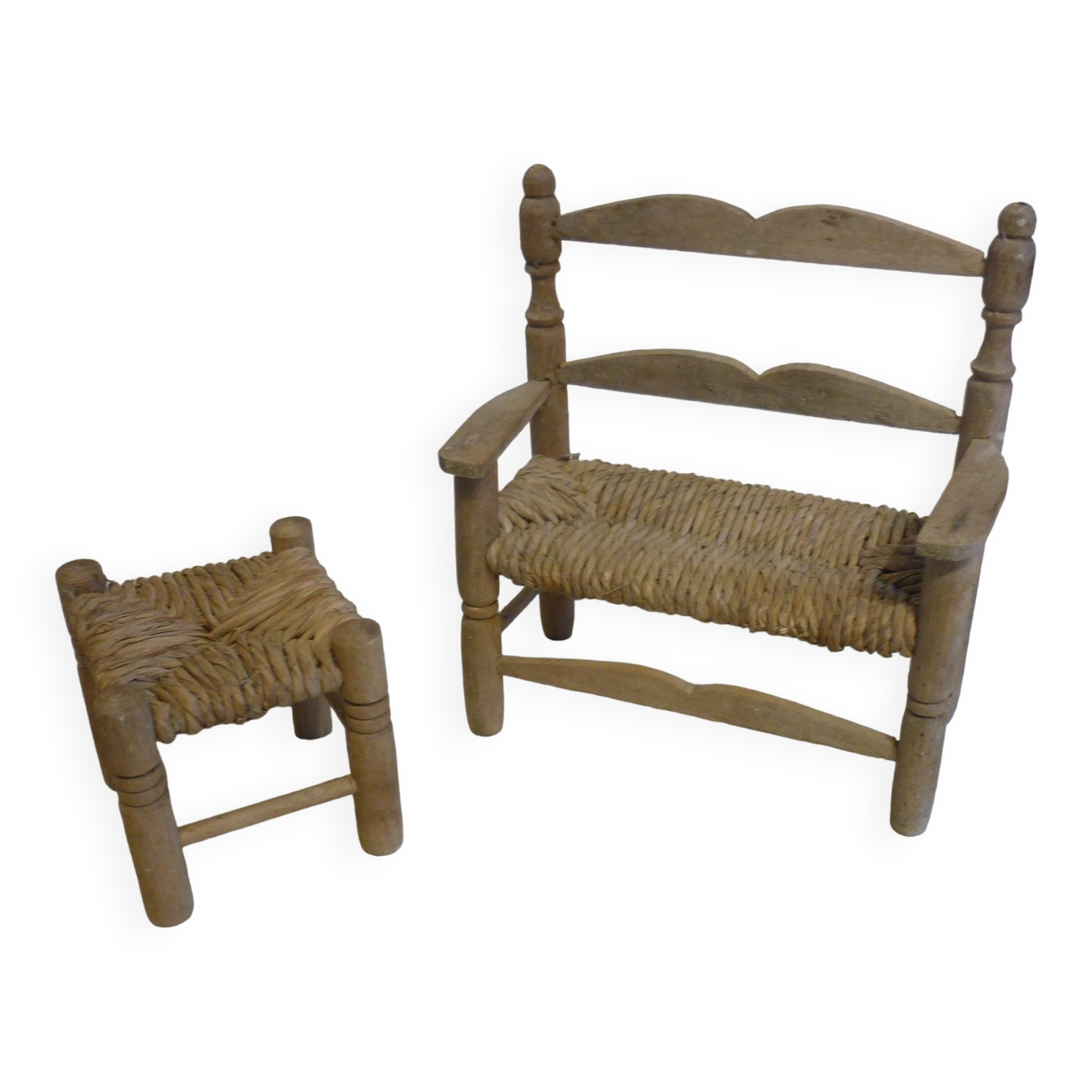 Wooden bench and stool and straw for doll