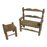Wooden bench and stool and straw for doll