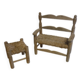 Wooden bench and stool and straw for doll
