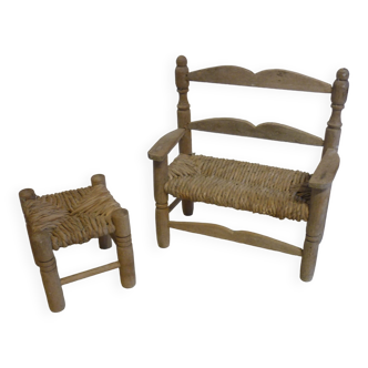 Wooden bench and stool and straw for doll
