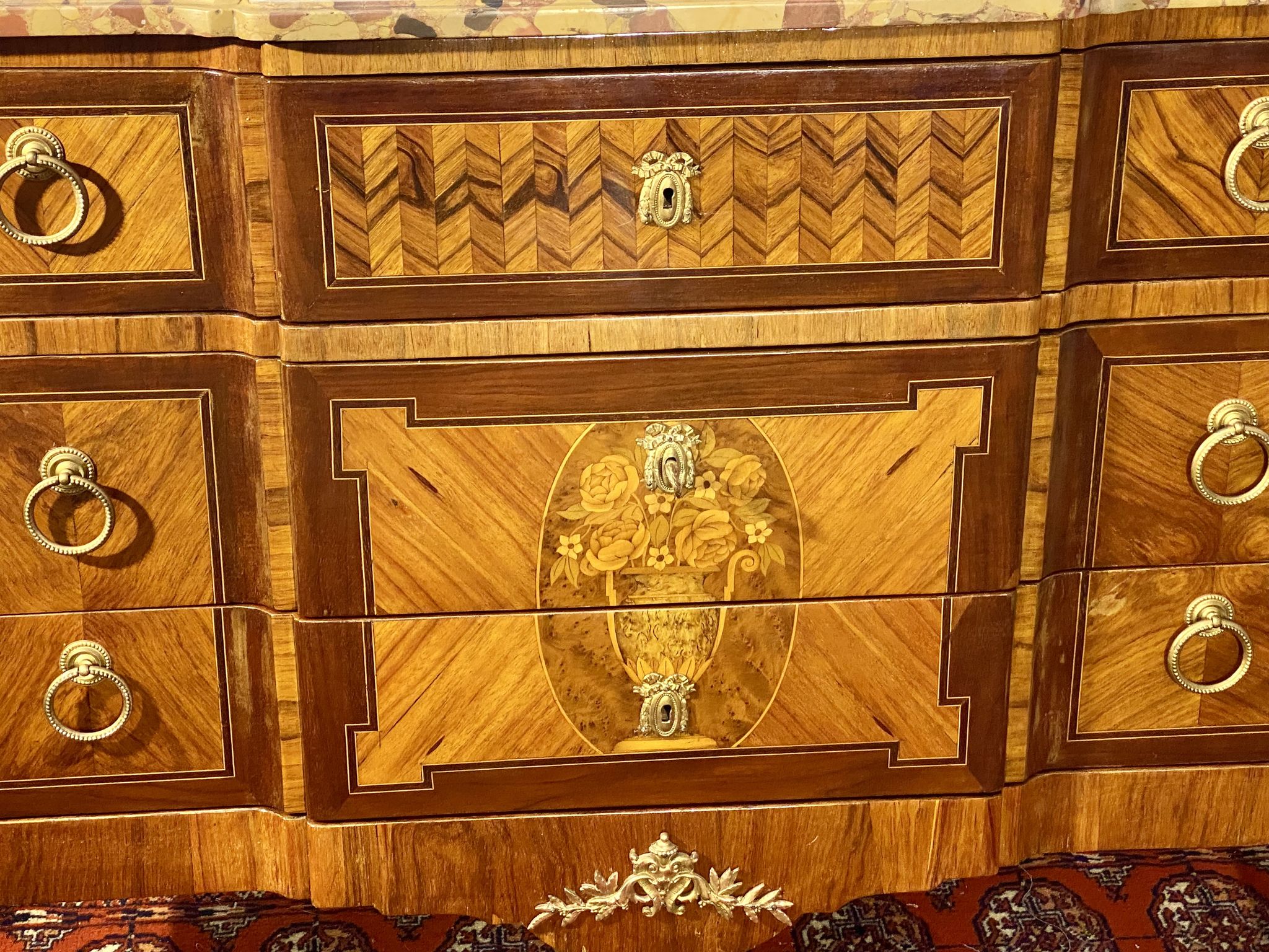 Chest of drawers Transition Style Louis XV marquetry and bronze