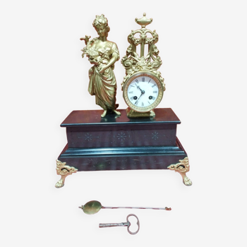 old black marble clock - gold regula decoration + pendulum + key