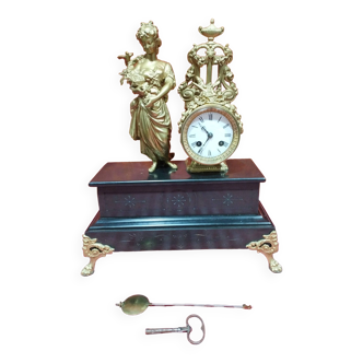 old black marble clock - gold regula decoration + pendulum + key