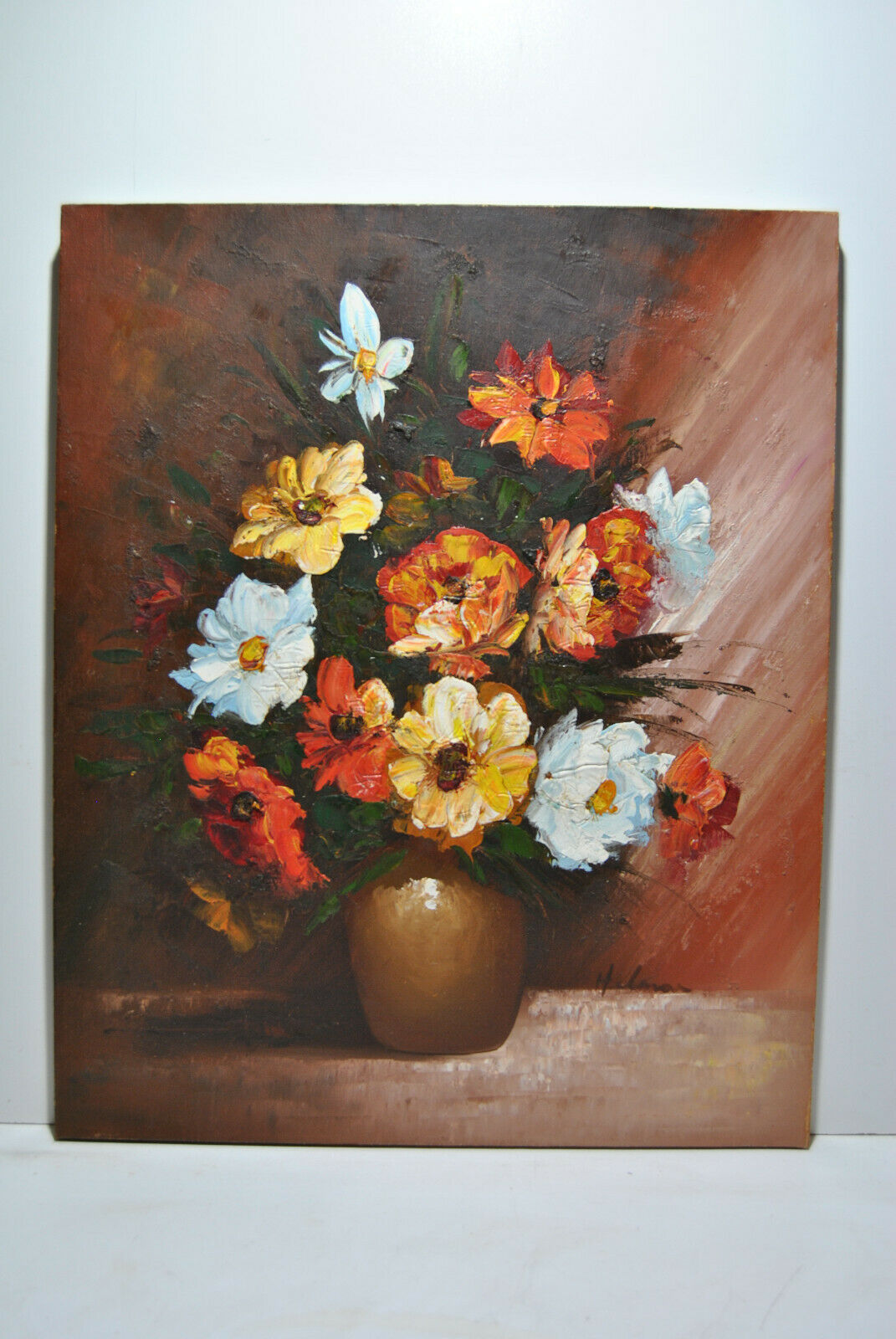 Still life painting with flowery vase bouquet flower signed Hilnan?