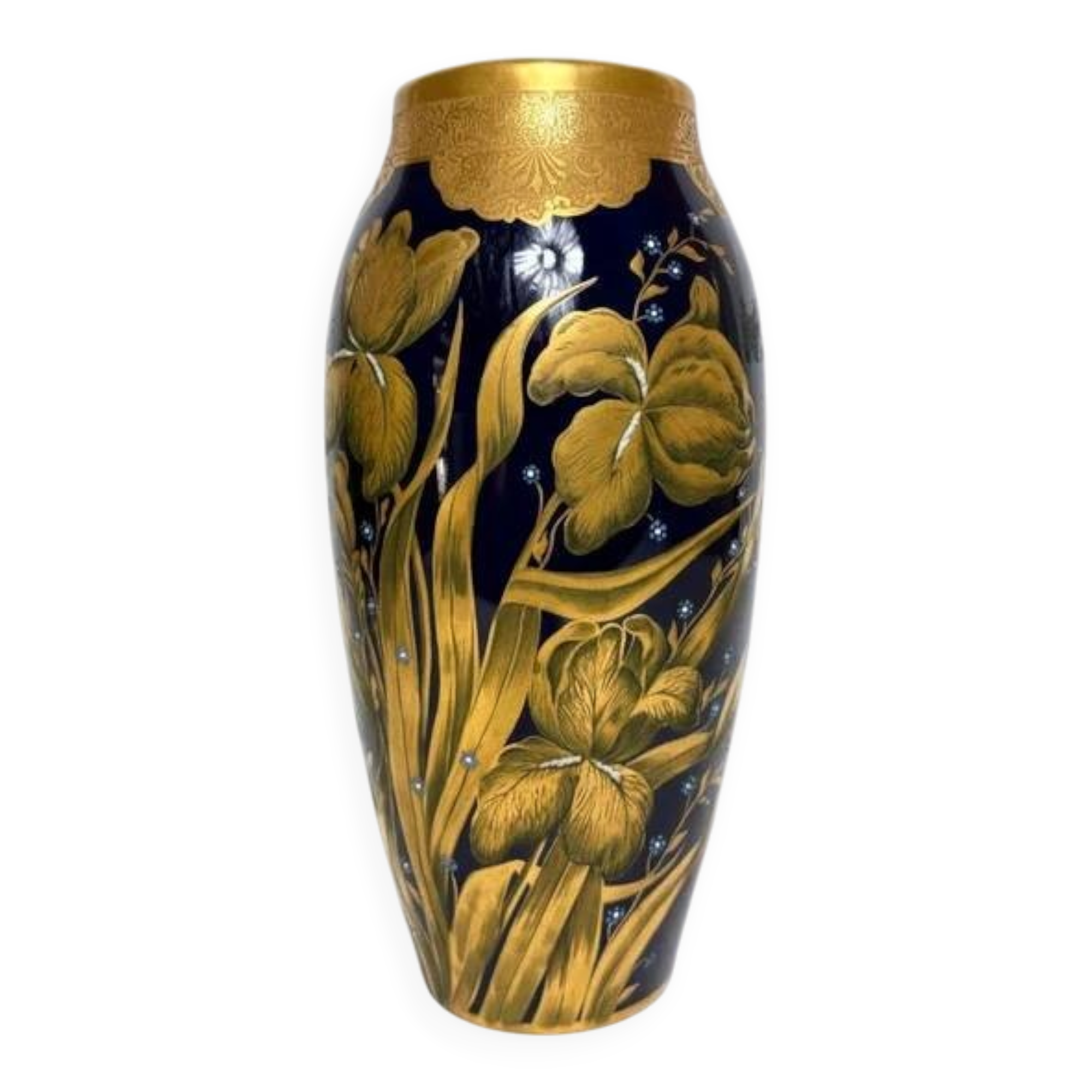 Lucien Michelaud, Limoges, large blue porcelain vase from the kiln with iris decoration.