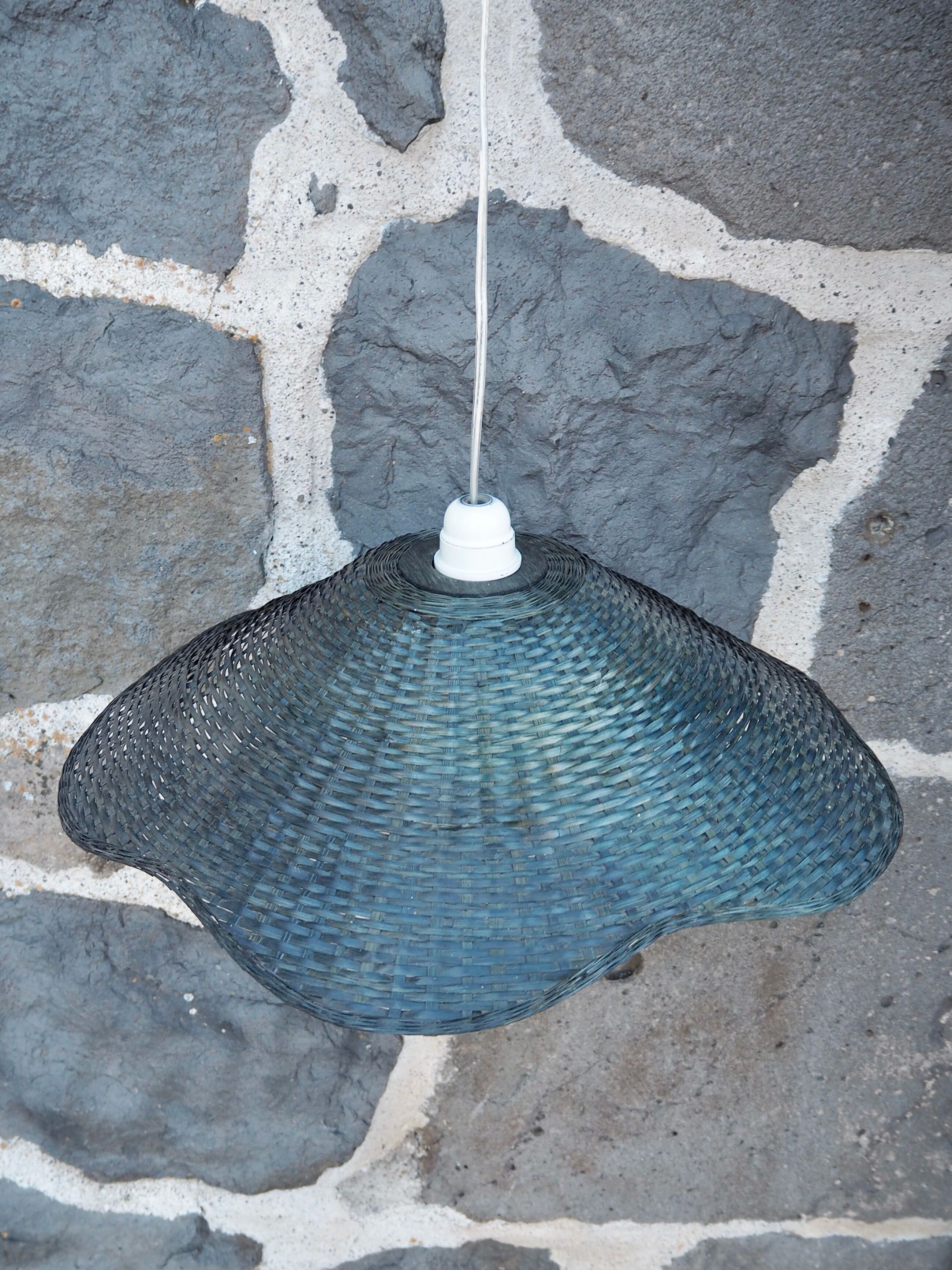 Blue wicker flower pendant lamp
