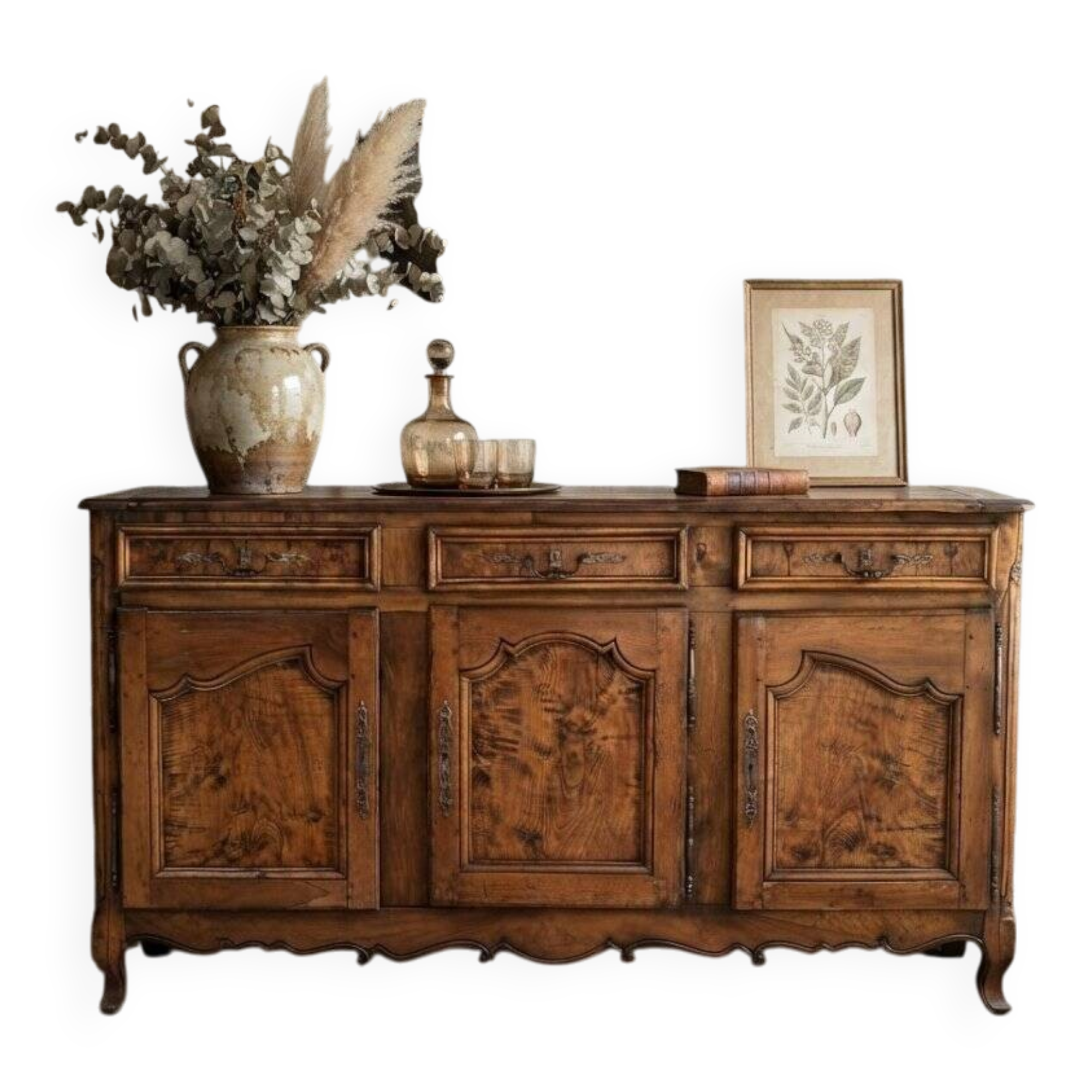 Grand buffet bas Louis XV chêne massif & loupe, quincaillerie fer forgé XVI