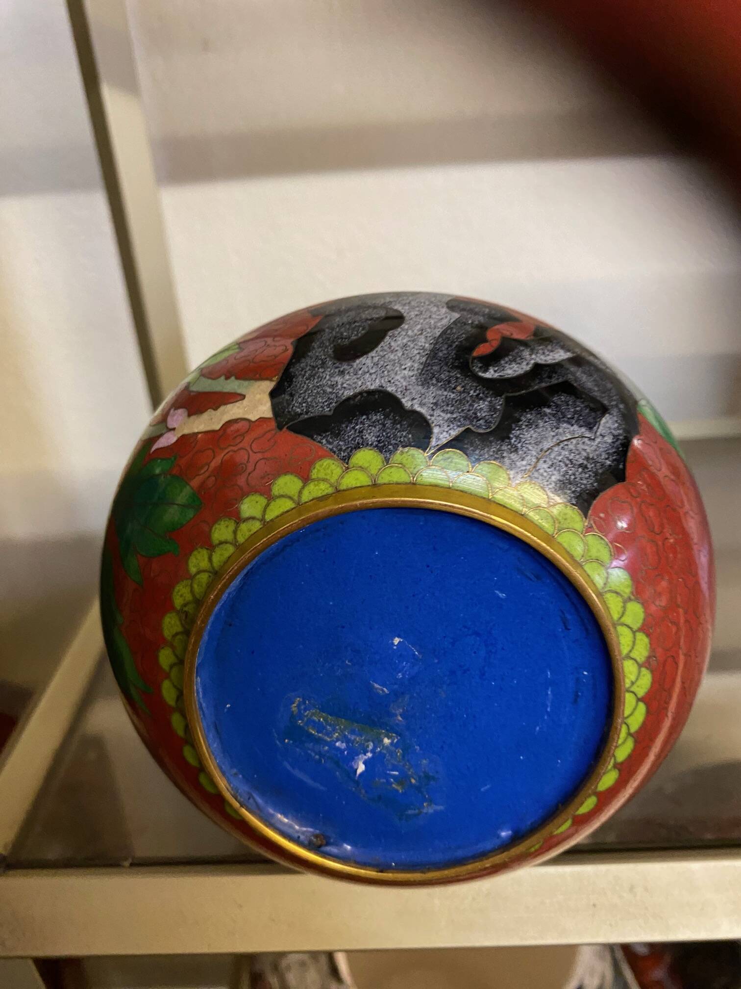 CLOISONNE VASE WITH LOTUS FLOWERS DECOR IN BURGUNDY TONES