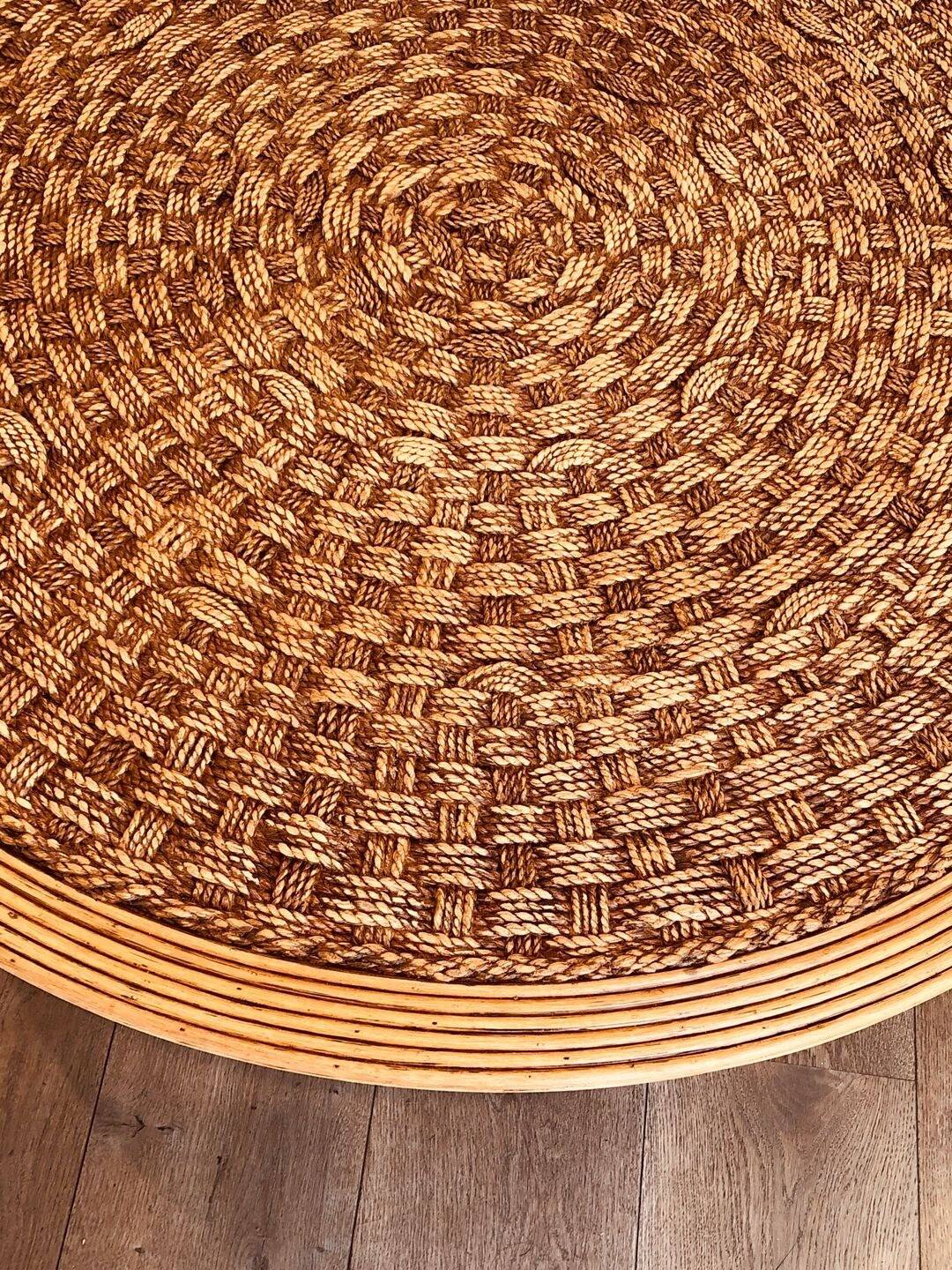 Large Round Coffee Table in Rope and Wood, in the Style of Audoux-Minet, Fra
