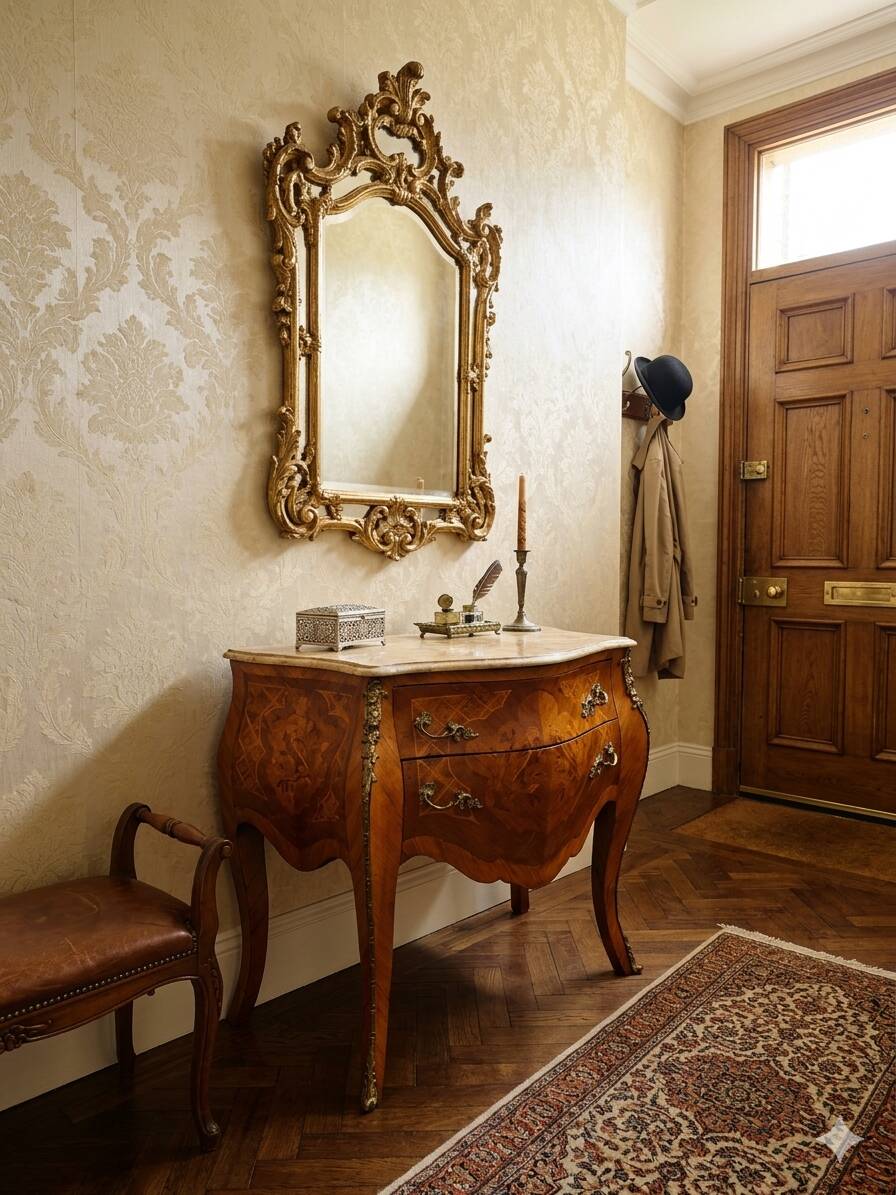 Curved Louis XV style commode in marquetry, mid-20th century.
