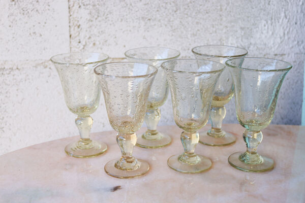 6 Verres à pied en verre soufflé bullé, production artisanale de Biot