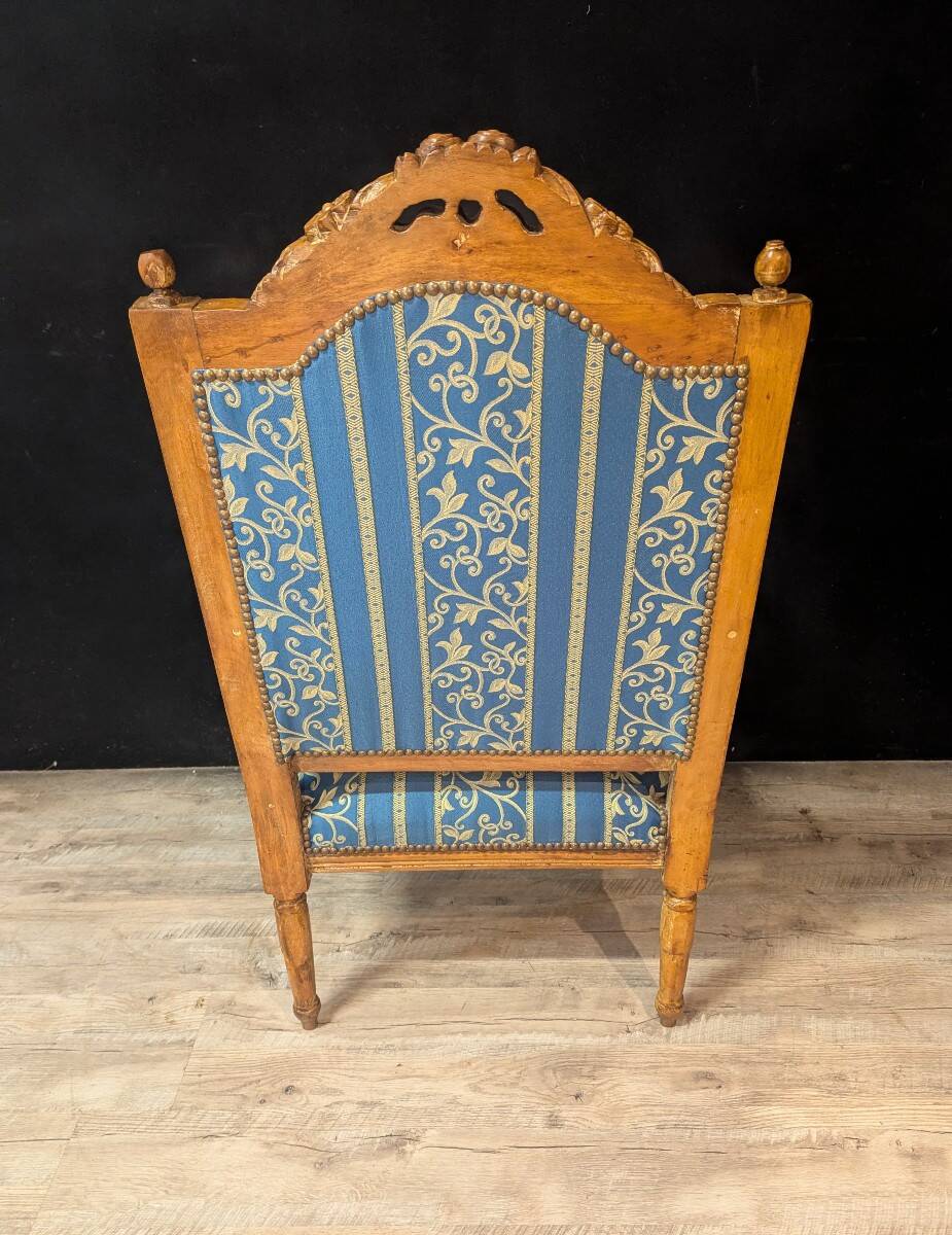Pair of Louis XV Style Armchairs in Carved Wood and Blue Fabric