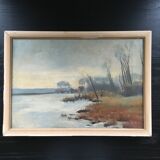 Tableau ancien paysage lacustre