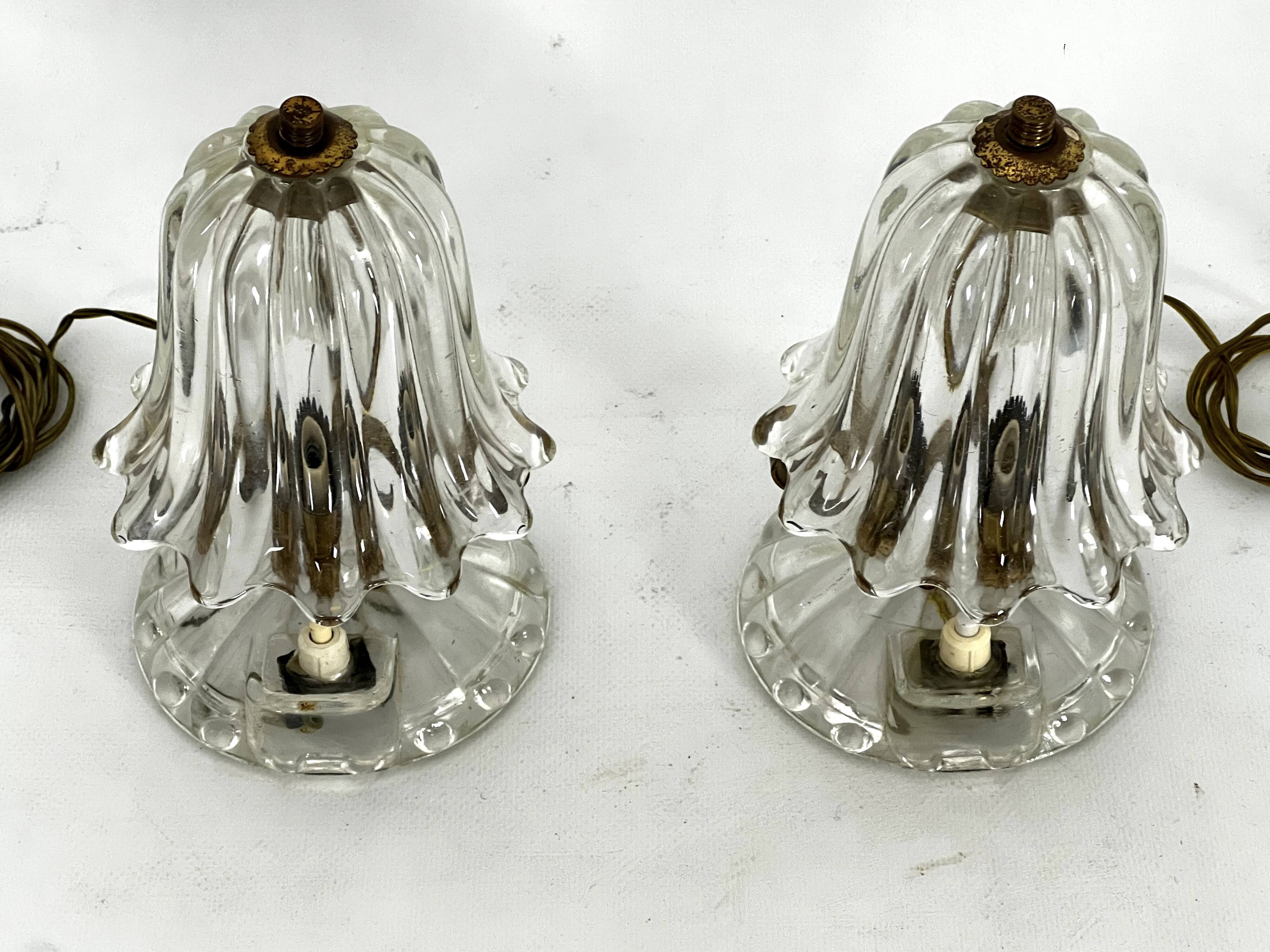 Mid-Century pair of Ercole Barovier Murano glass and brass table lamps. 1940s