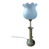 Lampe bougeoir laiton tulipe verre dépoli bleuté