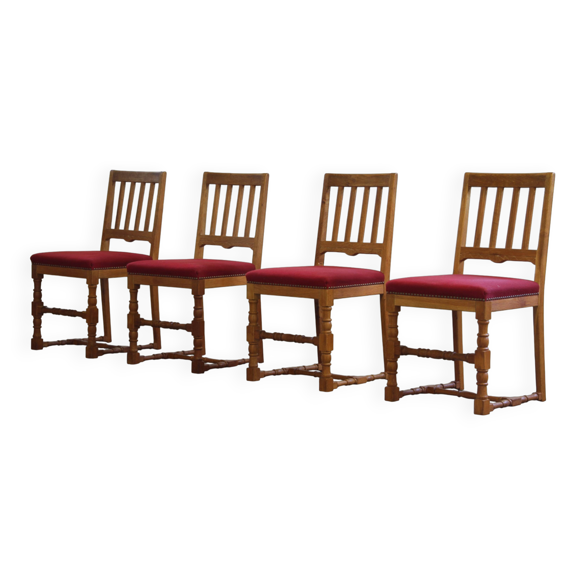 Vintage 1940s/50s Solid Oak Danish Farmhouse Chairs, Baroque style set of 4