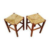 Pair of wooden stools and woven straw