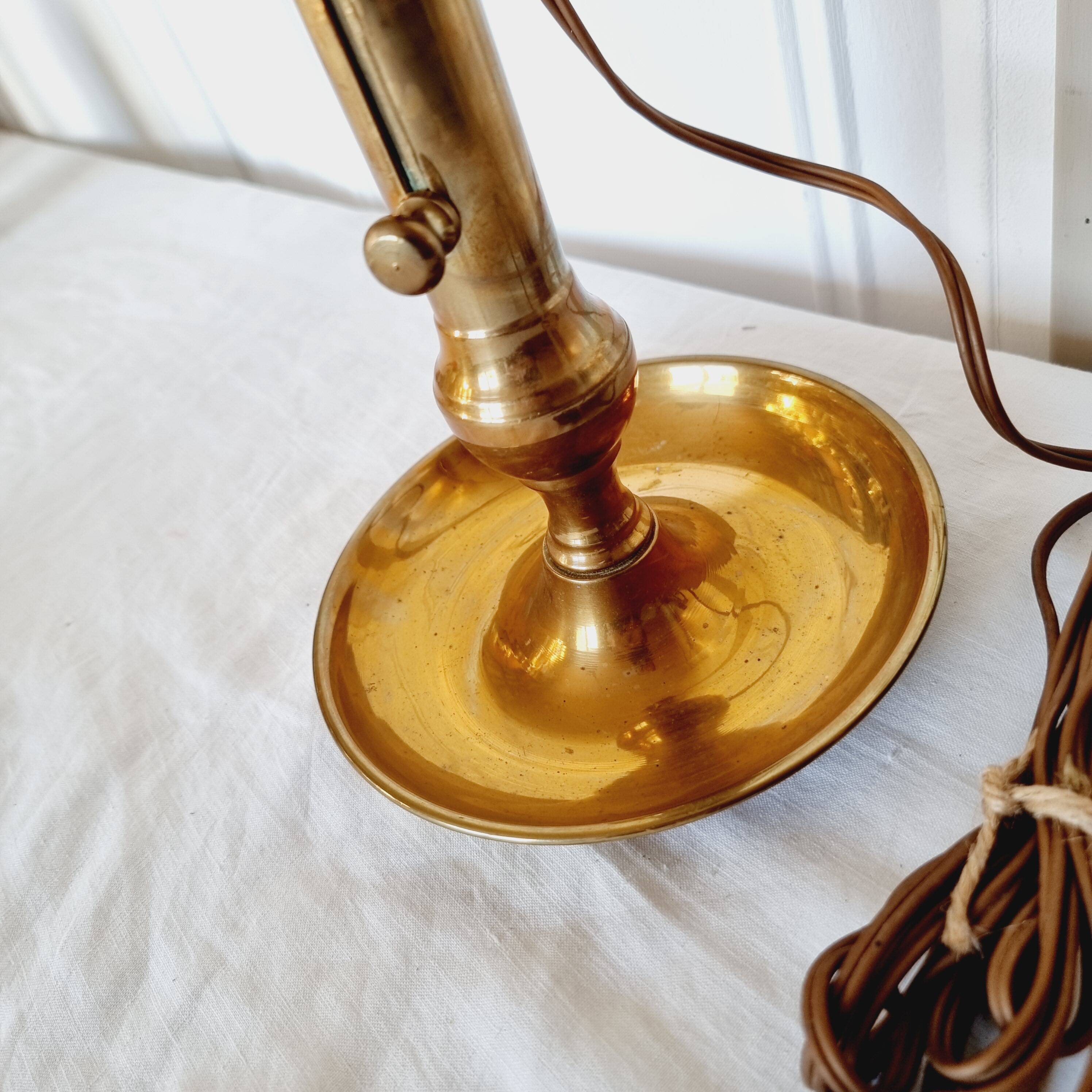 Brass table lamp made from an antique 19th century candlestick or candle holder.