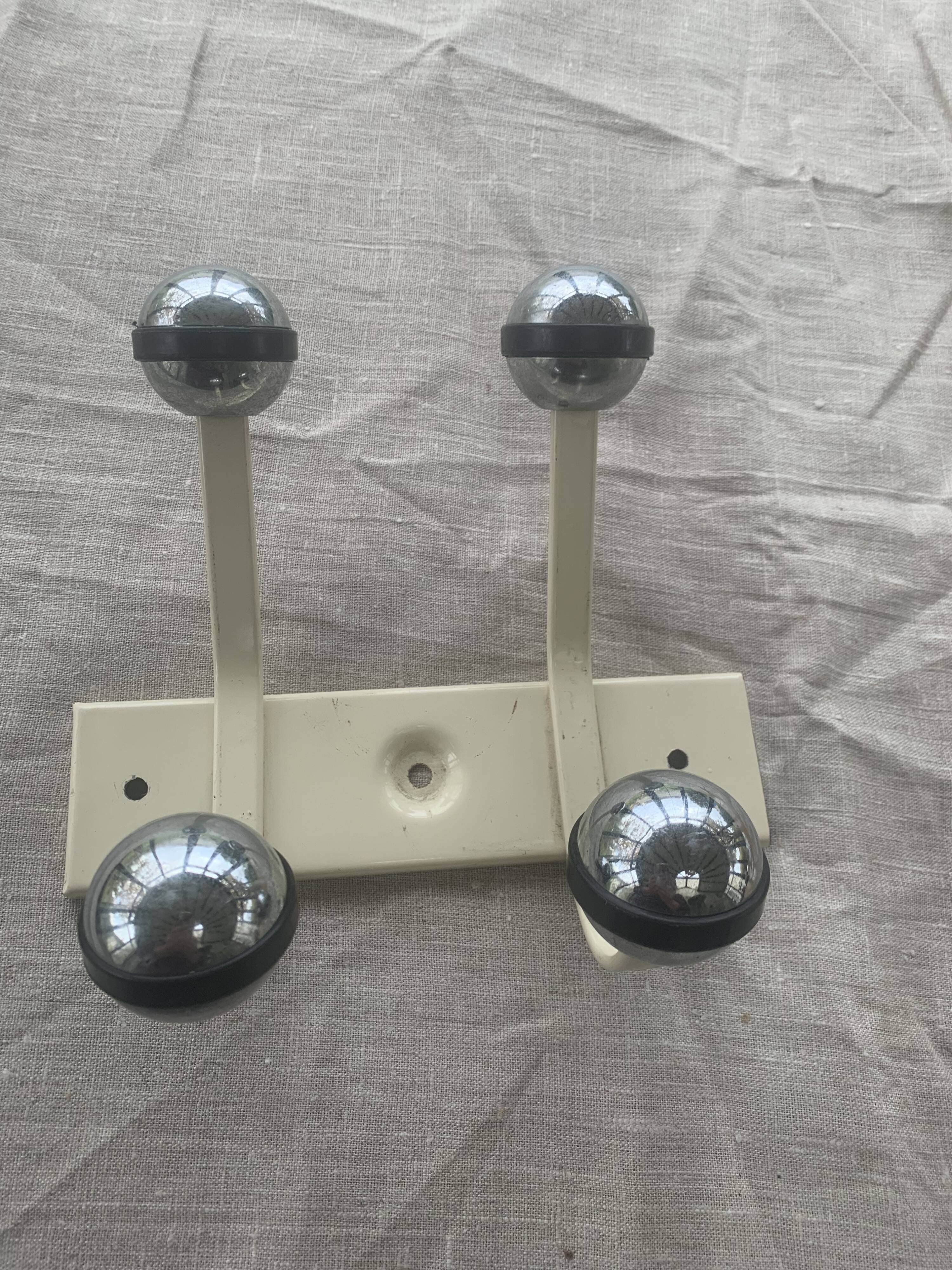 Industrial wall coat rack two hooks in white lacquered metal and vintage silver 1970