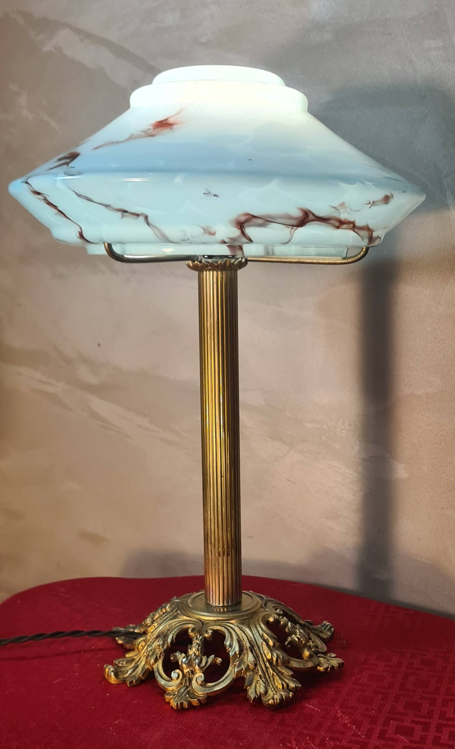 bronze and brass art deco lamp opaline marbled 45x30 with new electrics int