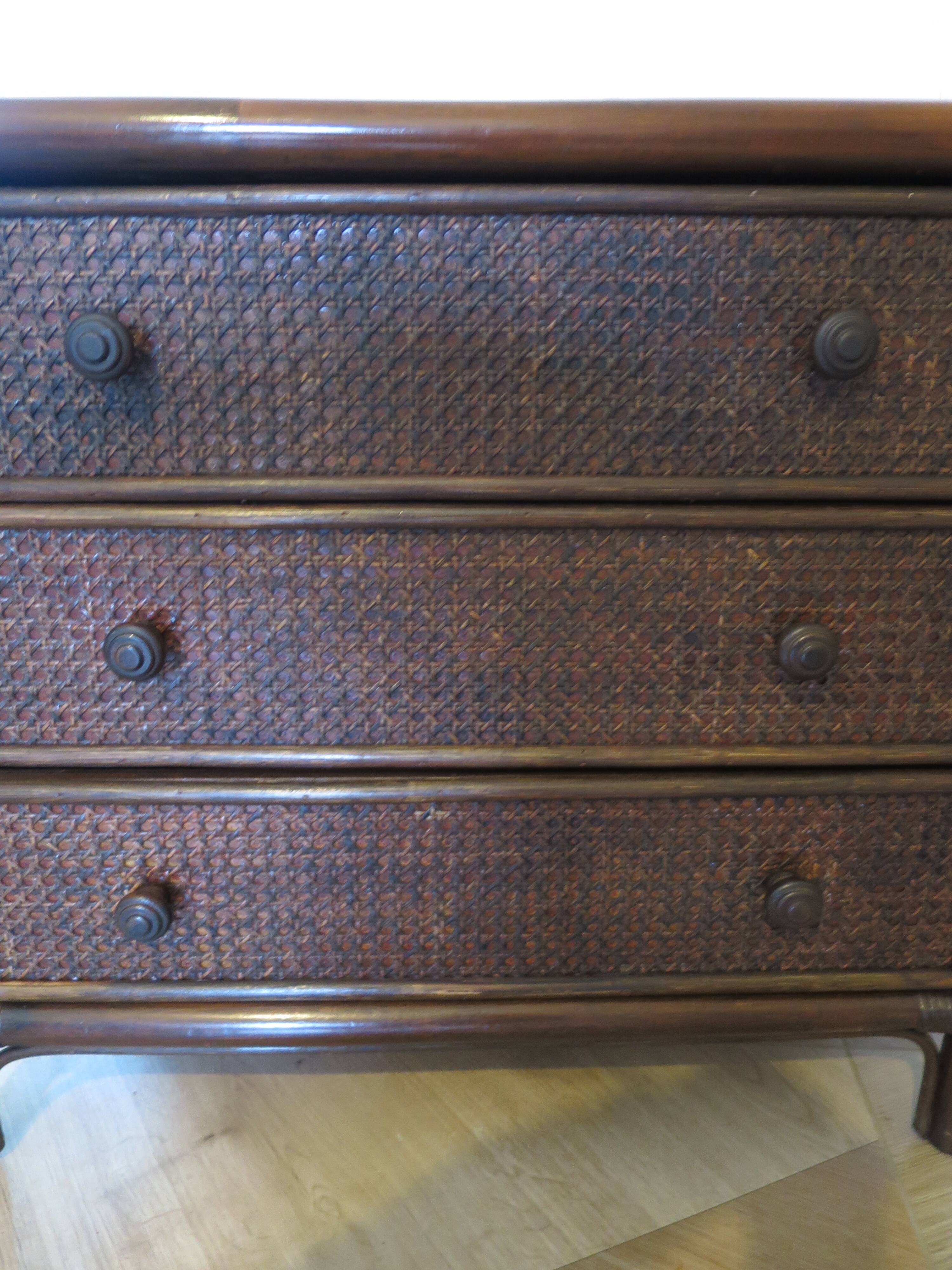 Vintage 3-drawer chest of drawers - wood, bamboo and woven rattan - 1980s