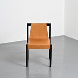 Set of black lacquered wooden chairs with leather, Swiss architect's work, 1980s.