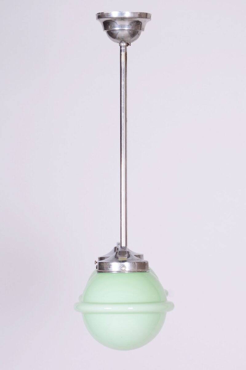 Czech Bauhaus Chandelier in Chrome-Plated Steel and Opaline Glass, 1930s