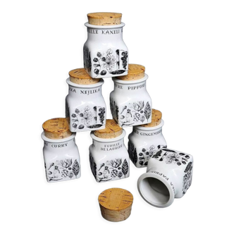 Set of 7 Arabia Finland spice jars with cork stoppers, Esteri Tomula