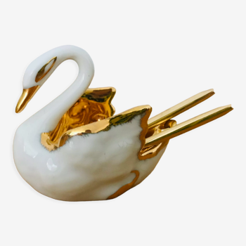 Small salt, pepper or spice pot white and gilded swan in Limoges porcelain