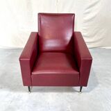 Vintage burgundy armchair, compass base in black metal and brass